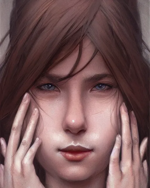 Image similar to symmetry!! portrait of smiling 1 5 - year - old girl with voluminous bushy brown hair, large front teeth, and bright piercing brown eyes, highly detailed, digital painting, artstation, concept art, smooth, sharp focus, illustration, art by artgerm and greg rutkowski and alphonse mucha