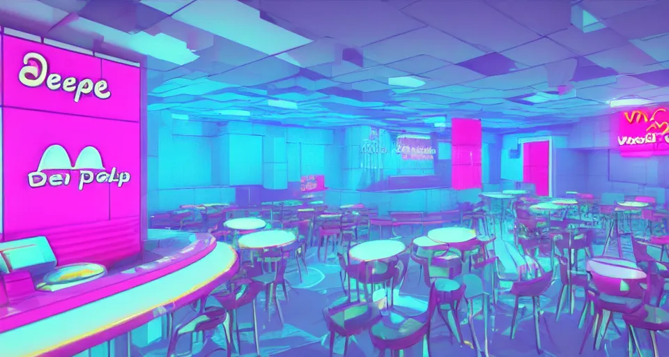 Image similar to 80s vaporwave outrun 3d Render of deep sea mcdonalds, liminal space retro, grainy, noisy