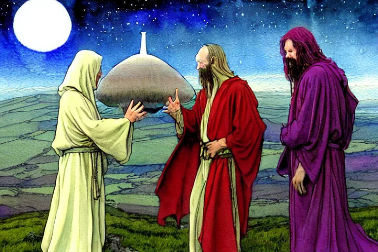 Image similar to a realistic and atmospheric watercolour fantasy character concept art portrait of a three christians wearing robes greeting an alien. they are emerging from the mist on the moors of ireland at night. a ufo is in the background. by rebecca guay, michael kaluta, charles vess and jean moebius giraud