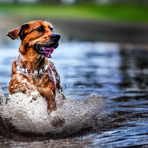 Prompt: Photorealistic photograph of a dog splashing in a puddle, photorealism, photorealistic, realism, real, highly detailed, ultra detailed, detailed, shutter speed 1/1000, 60mm Focal Length, Canon EOS 90D, Optical Camera, Wildlife Photographer of the Year, Pulitzer Prize for Photography, 8k