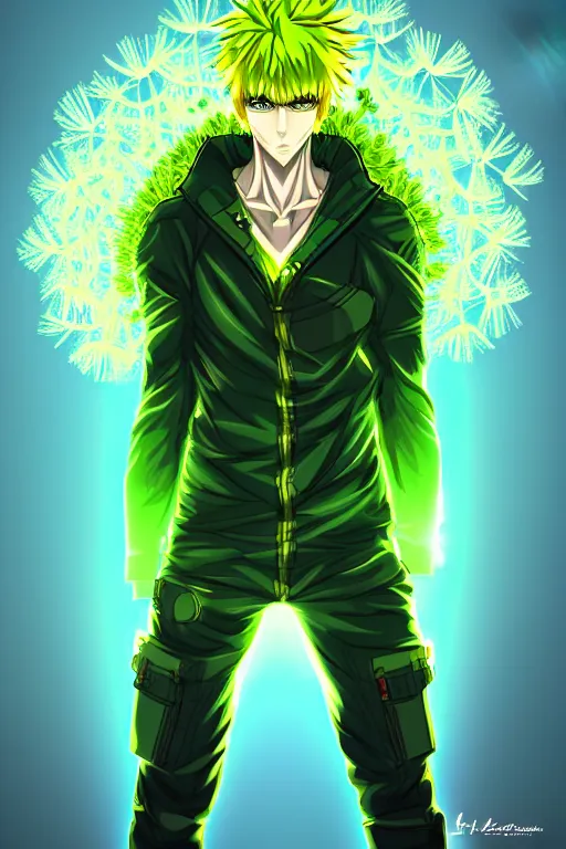 Image similar to nuke cloud dandelion male anime character, symmetrical, highly detailed, digital art, sharp focus, trending on art station, green eyes, glowing radioactive colours