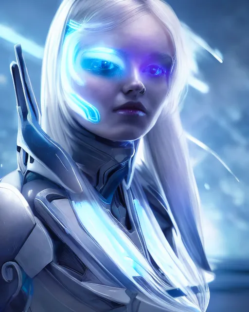 Image similar to perfect android girl on a mothership, warframe armor, beautiful face, scifi, futuristic, galaxy, nebula, raytracing, dreamy, long white hair, blue cyborg eyes, sharp focus, cinematic lighting, highly detailed, artstation, divine, by gauthier leblanc, kazuya takahashi, huifeng huang