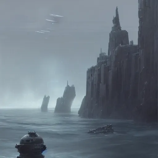 Image similar to star wars concept art by greg rutkowski, a palatial and imposing grey rectangle in the middle of a ocean landscape, enigmatic atmosphere, beautiful and cinematic lighting, artstation hq.