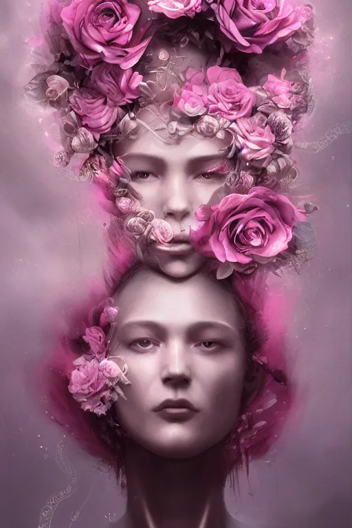 Prompt: pink rose divine woman divine space explorer cyborg floral highly detailed digital art SURREALIST , nekro art WLOOP ROSDRAWS Tom Bagshaw, Craig Mullins, cinematic lighting, symmetrical face, beautiful woman moody lighting, volumetric, ultra-realistic, cinematic atmosphere, Epic, photorealism presented in artstation hyperrealism, award winning artwork, artstation trend, high quality print, fine art with subtle redshift rendering