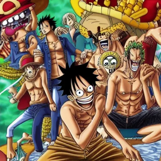 Prompt: realistic photo of all one piece character fighting in a theater , cinema