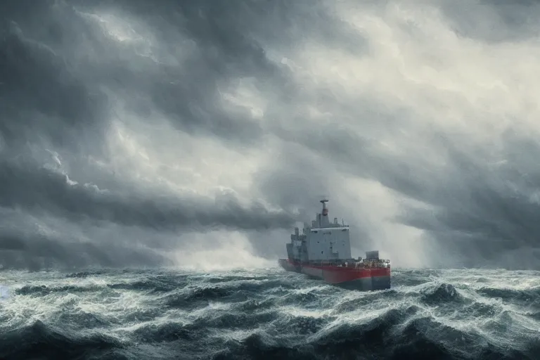 Image similar to merchant ship fleet in a storm, in the style of vernon grant and chris van allsburg, raging stormy sea, trending on artstation, bright tilt - shift camcorder effect, photoshop, retrowave, hyperrealism, octane, sharp focus, masterpiece