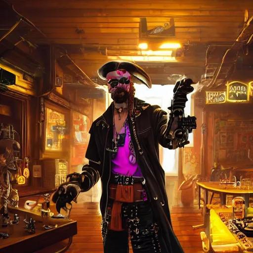 Prompt: high quality portrait of a pirate with four arms in a cyberpunk cyberpunk cyberpunk cafe, realism, 8k, award winning photo