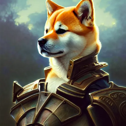 Image similar to portrait painting of a cute shiba inu with armor, ultra realistic, concept art, intricate details, eerie, highly detailed, photorealistic, octane render, 8 k, unreal engine. art by artgerm and greg rutkowski and charlie bowater and magali villeneuve and alphonse mucha