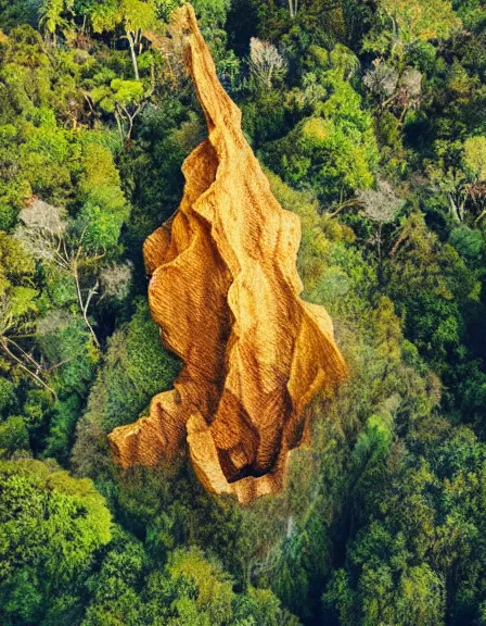 Image similar to vintage color photo of aerial view of a giant 1 1 0 million years old abstract sculpture made of light beams and liquid gold covered by the jungle vines