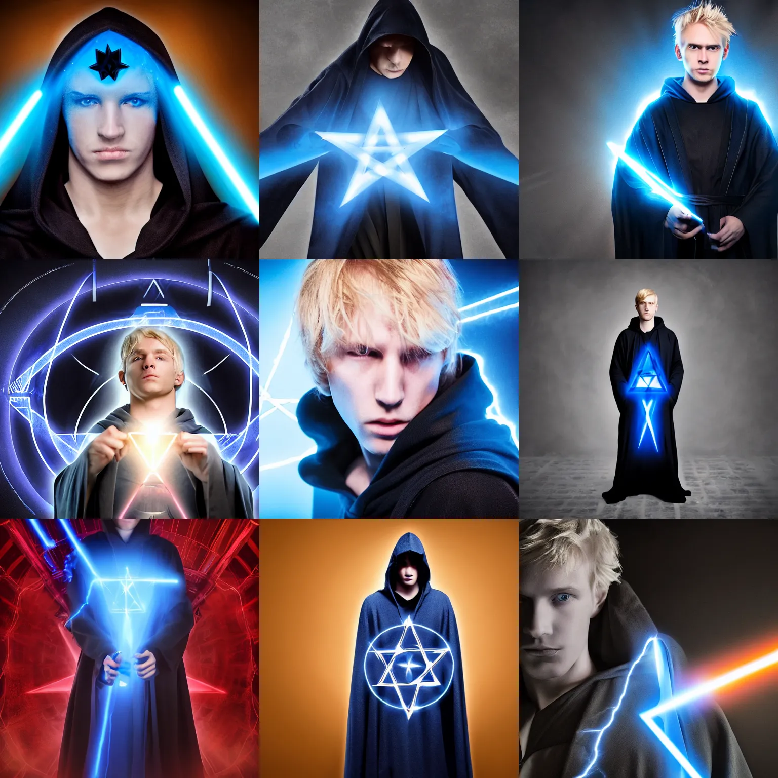 Prompt: a young blond man in a black jedi hooded robe standing behind an electric blue pentagram, hyper realistic, epic, highly detailed, cinematic, sharp focus, depth of field