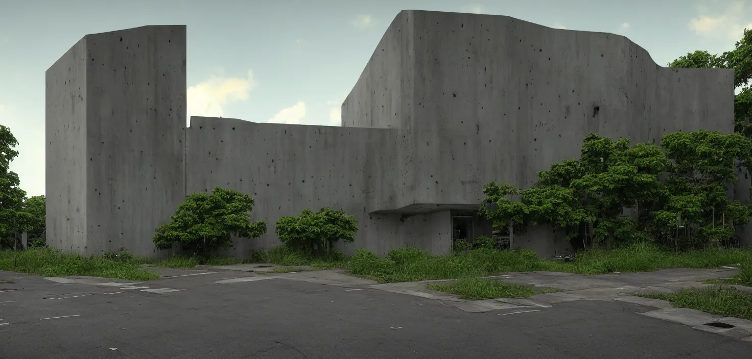 Prompt: a street view of a finely detailed arts center of simple brutalist architecture, abandoned, empty streetscapes, surrounded by lush green jungle, ground-level view, natural volumetric lighting, sunset, rusted steel, solid concrete, glass, stunning skies, scattered rubbish and debris, 8k, photorealistic, hyper detailed, unreal engine 5, IMAX quality, cinematic quality, beautifully illustrated, sharp focus, minimal artifacts, from DOOM, by Greg Rutkowski and Le Corbusier, trending on Artstation