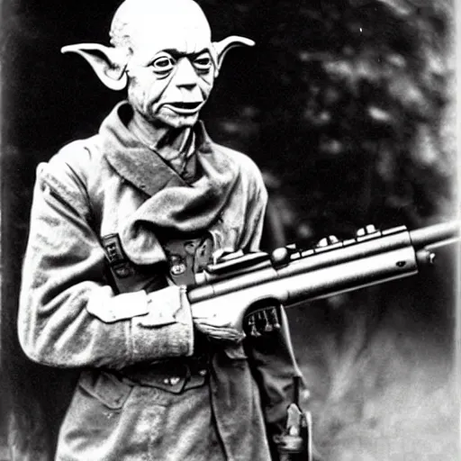 Image similar to old wartime photograph of yoda from star wards holding a lewis gun, grainy photo, sepia tone 1 9 1 7