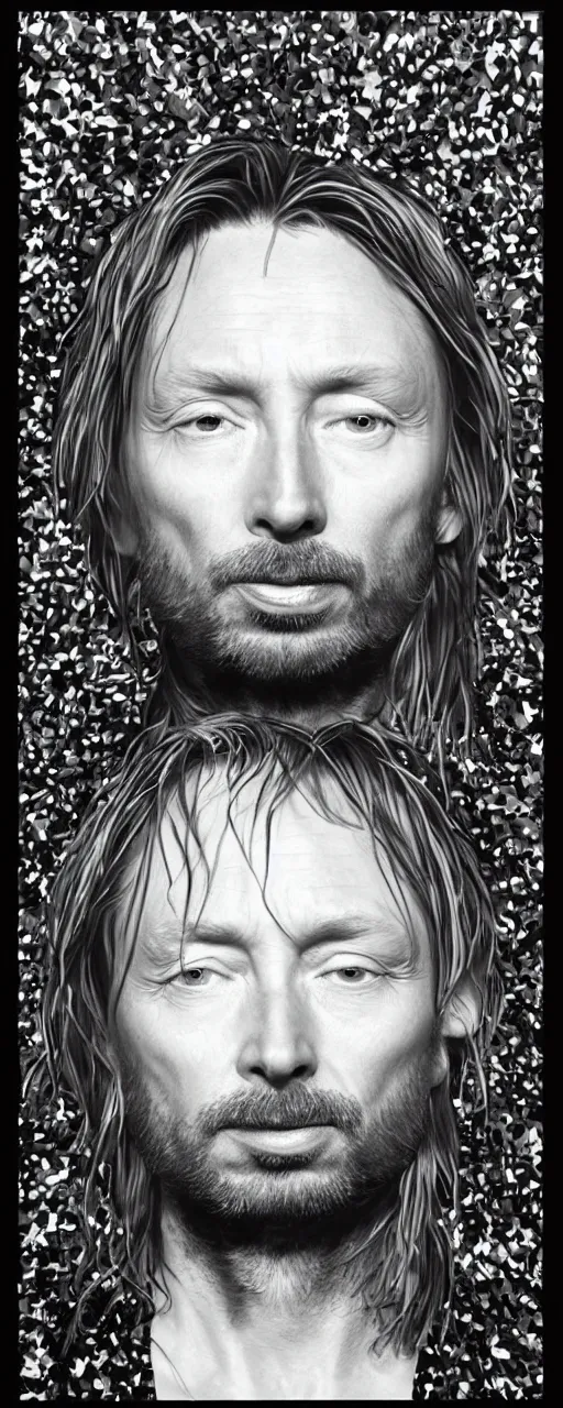 Image similar to disco diffusion portrait of Thom Yorke, hiding in the bushes looking shifty