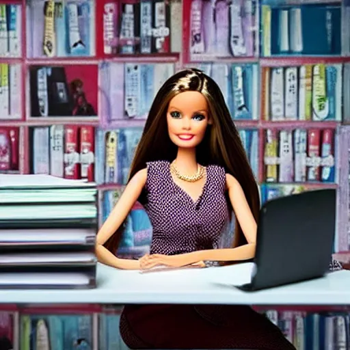 Image similar to a tired!!!!! and sad!!!!! looking barbie doll sits at a desk in her office. she is surrounded by towers!!!! of loose papers!!!!!. her head is resting on her hand, photorealistic,