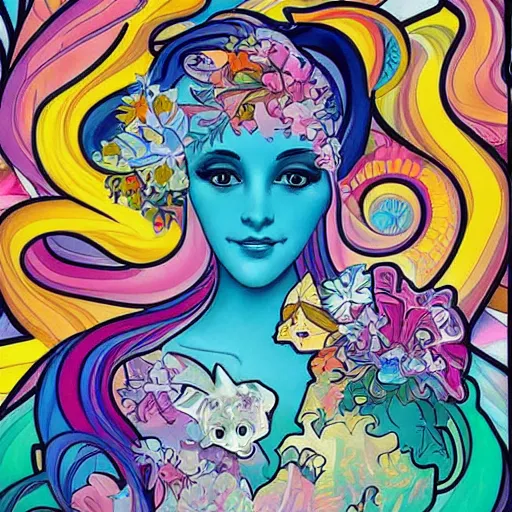 Image similar to a beautiful day, painted by lisa frank and alfons mucha collaboration