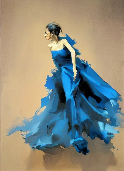 Image similar to fashion model in blue dress, painting by phil hale, fransico goya,'action lines '!!!, graphic style, visible brushstrokes, motion blur, blurry, visible paint texture, crisp hd image