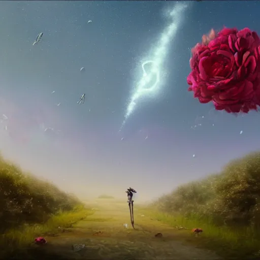 Prompt: meteorite made out of roses flying over the sky, roses trail, greg rutkowski, sharp focus