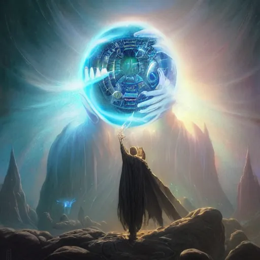 Image similar to the creator of worlds wearing a cloak and holding a holographic planet projection in his hand, detailed, sci - fi, digital painting, artstation, sharp focus, illustration, ominous, artgerm, tomasz alen kopera, peter mohrbacher, donato giancola, joseph christian leyendecker, wlop, frank frazetta