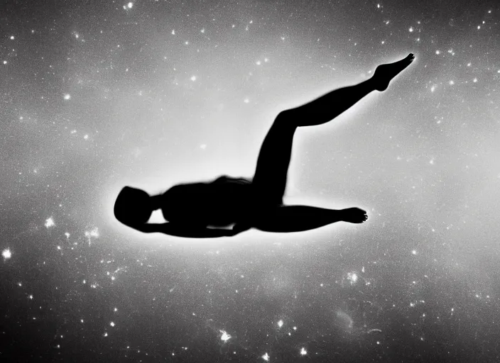 Image similar to black and white, award winning photography of an astronaut floating in the middle of the universe in a fetal pose, ultra detailed, dramatic lighting, cinematic composition, sadness, desolation