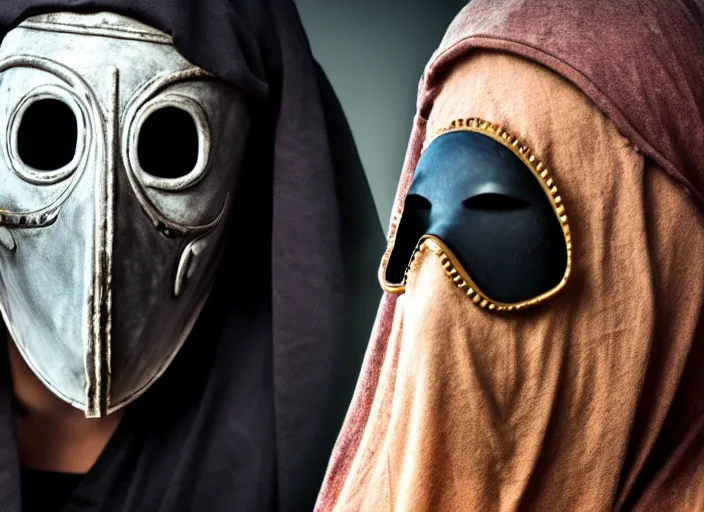 Image similar to photograph of a woman with a plague doctor mask staring at zombies, 8k resolution, high detail, ULTRA REALISTIC VFX, reflections