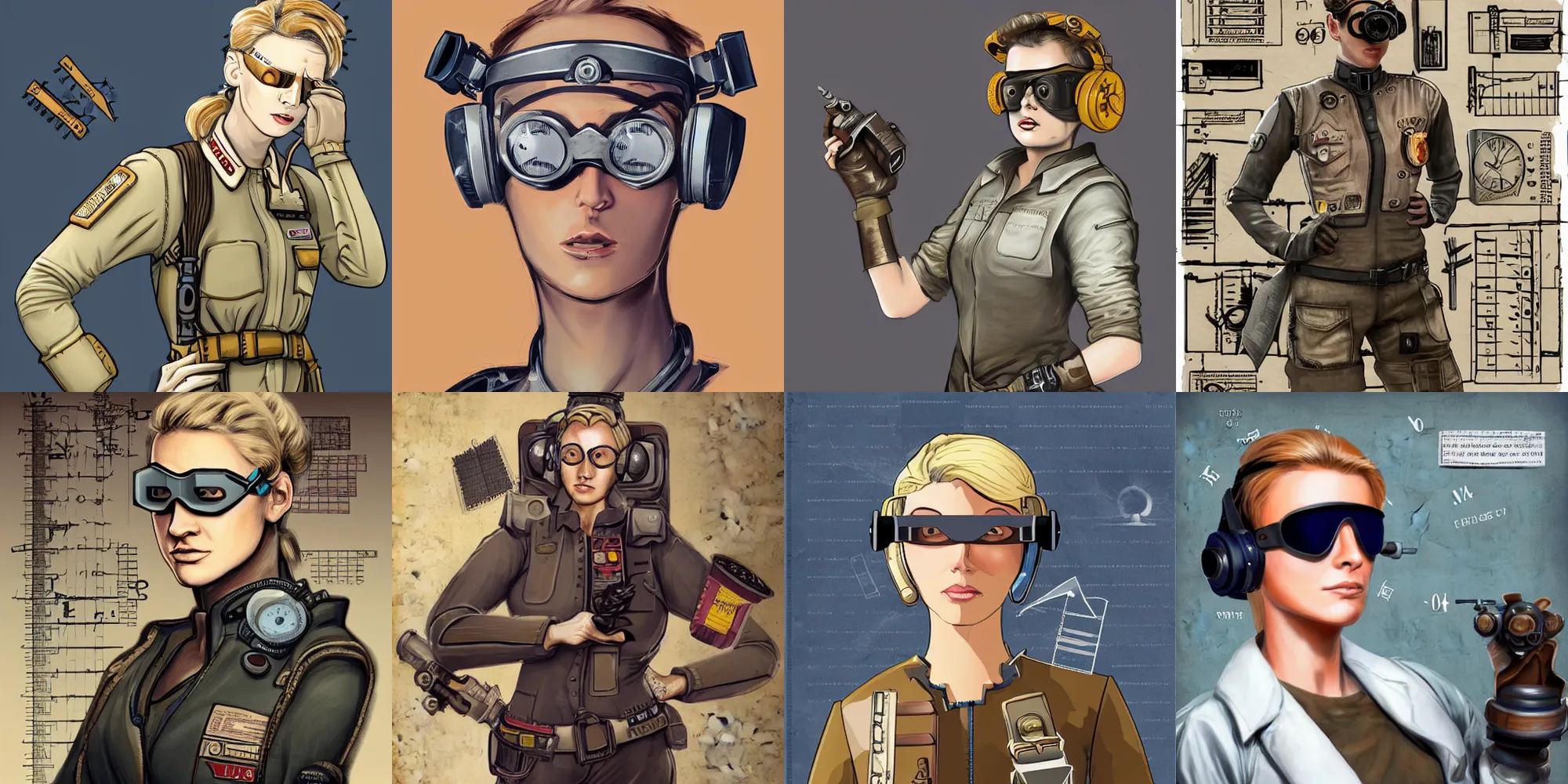 Prompt: character concept art of stoic heroic emotionless square-jawed butch blonde woman engineer, looking to side, wearing steampunk goggles and dirty ripped flight suit, holding a slide rule, sole survivor on primitive planet, portrait, cinematic, illustration, highly detailed, amazing stories, pulp sci fi, science fiction