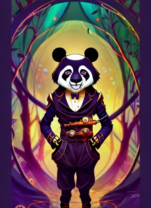 Image similar to don bluth, loish, artgerm, joshua middleton, steampunk, clockpunk anthropomorphic panda, full sailor suit, symmetrical eyes symmetrical face, colorful animation forest background