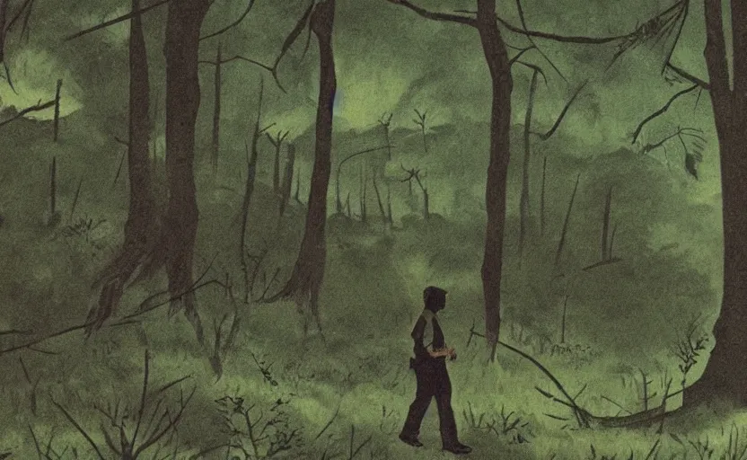 Prompt: stephen king film of a man alone in a lush green forest, japanese illustration, 1 9 8 0 s, tense, man is carrying a rifle, alone, matte illustration,