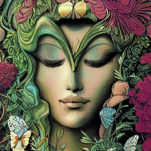 Prompt: an illustration of a beautiful garden forming the face of a beautiful goddess, painted by moebius and james jean