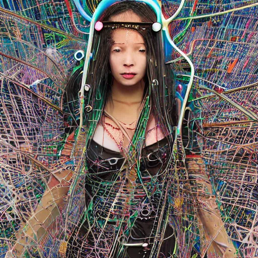 Image similar to deeper into the metaverse we go, piles of modular synth cables mixed with mangrove roots, kawaii puerto rican goddess swimming up wearing a headpiece made of circuit boards, by cameron gray, wlop, stanley kubrick, masamune, hideki anno, jamie hewlett, unique perspective, trending on artstation, 3 d render, vivid