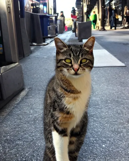 Image similar to cat standing up, cat standing on its hind legs, waiting for a subway train in new york city, as seen on reddit, photograph