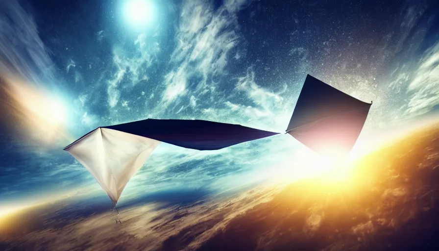 Image similar to solar sail in space, blocking sun, earth visible below, octane render, dramatic