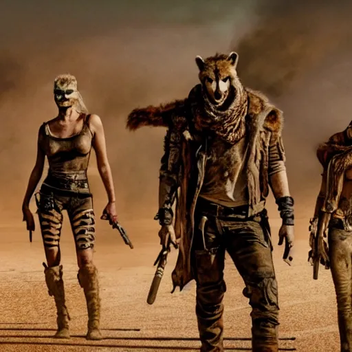 Image similar to a film still from the movie mad max fury road of the anthropomorphic anthro cheetah wolf lizard raiders wearing scavenger clothes standing in the post apocalyptic wasteland