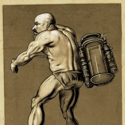 Image similar to a muscular bald man carrying engines on his back, technical diagram