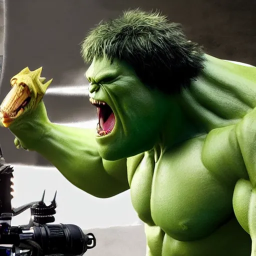 Image similar to hulk eating a dinosaur, behind the scene, 8 k,