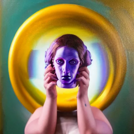 Image similar to A painting. A rip in spacetime. Did this device in her hand open a portal to another dimension or reality?! deep yellow by Rachel Maclean, by Carl Holsoe Sigma 85mm f/1.4