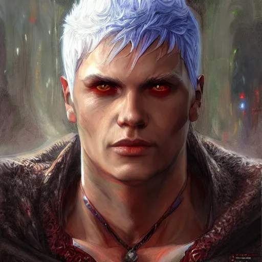 Image similar to Dante from DMC as a fantasy D&D character, portrait art by Donato Giancola and James Gurney, digital art, trending on artstation