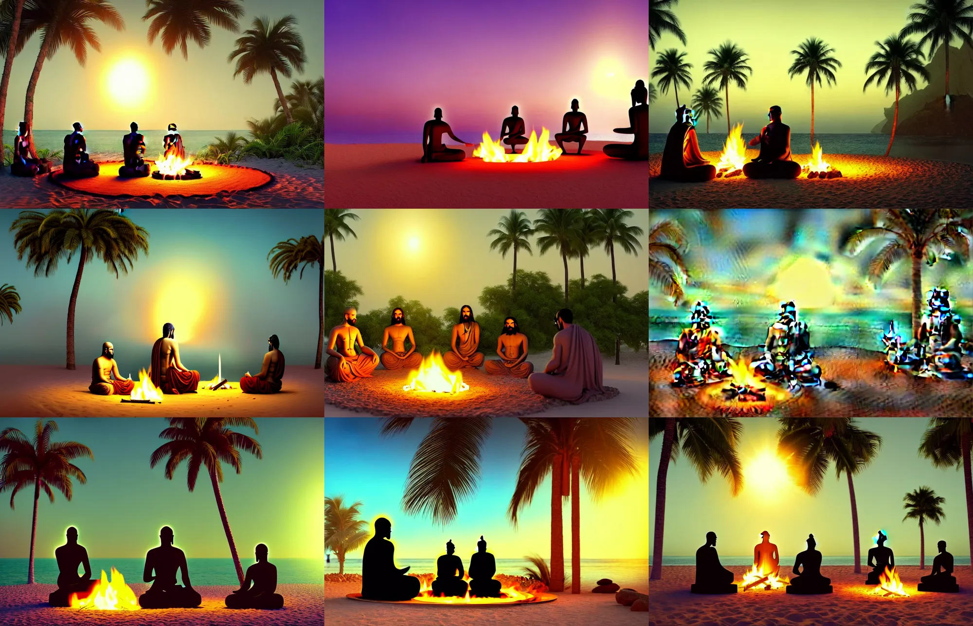 Prompt: buddha gandhi and jesus sitting in a circle around a campfire at the beach with palm trees in the back, gloom haven, matte painting concept art, art nouveau, beautifully backlit, swirly vibrant color lines, fantastically gaudy, aesthetic octane render, 8 k hd resolution, hyper realistic, focused, extreme details, masterpiece