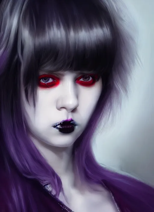 Image similar to portrait of white teenage girl, normal face, white bangs, mall goth, cyberlox, black and white hair, bangs, fluffy bangs, red contact lenses, purple lipstick, intricate, elegant, highly detailed, digital painting, artstation, concept art, sharp focus, smooth, illustration, art by wlop, mars ravelo and greg rutkowski