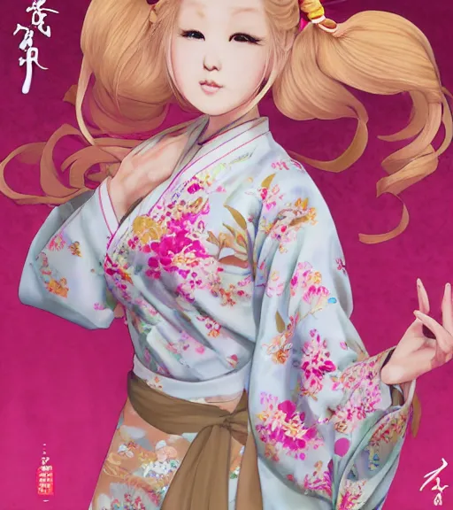 Prompt: hiyoko saionji, a japanese girl with blonde pigtails and a floral kimono, dances onstage, traditional japanese dancing, regal and elegant, art by stanley lau, artgerm, rossdraws, ross tran, sakimichan, cyarine, beautiful art