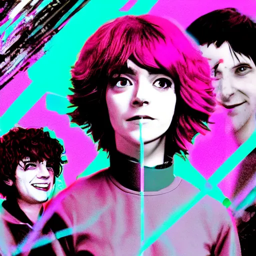 Prompt: vaporwave ramona flowers and scott pilgrim, distorted, warped, varying angles, varying locations, grid,