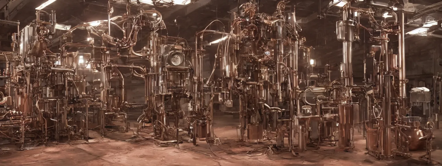 Image similar to a super high resolution film still of machine apparatus for making snake oil, huge copper machine fed by a hopper of snakes, purple and green pipework, directed by denis villeneuve, 8 k, snake machine, cinematic lighting