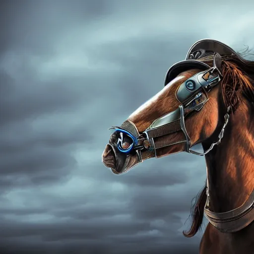 Image similar to cyborg horse with cowboy hat, post-apocalyptic background, portrait