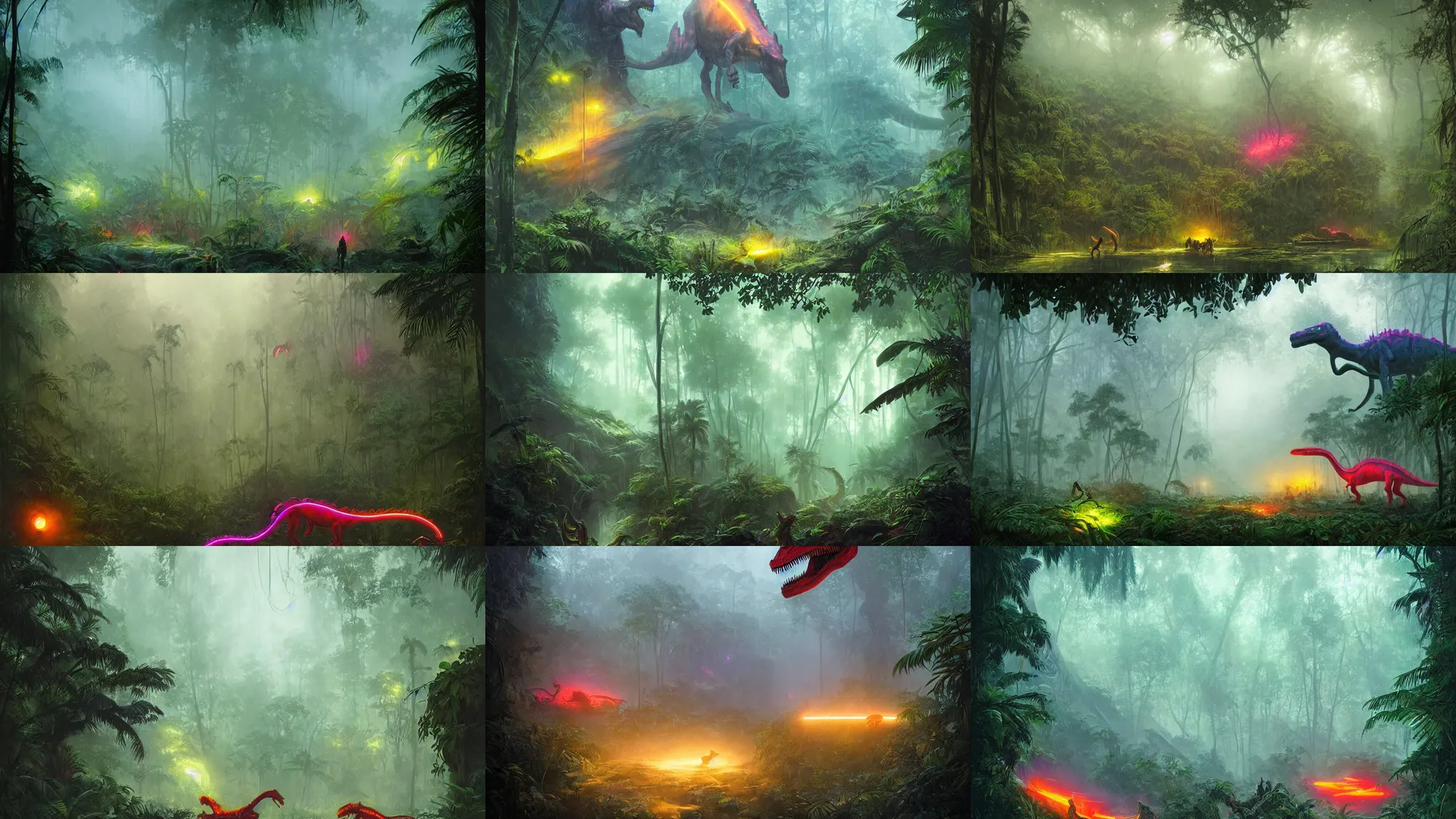 Prompt: neon glowing dinosaur in a foggy jungle by magali villeneuve and greg rutkowski