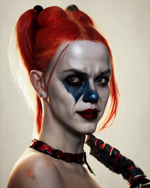 Image similar to harley quinn spider queen portrait, au naturel, hyper detailed, digital art, trending in artstation, cinematic lighting, studio quality, smooth render, unreal engine 5 rendered, octane rendered, art style by klimt and nixeu and ian sprigger and wlop and krenz cushart.