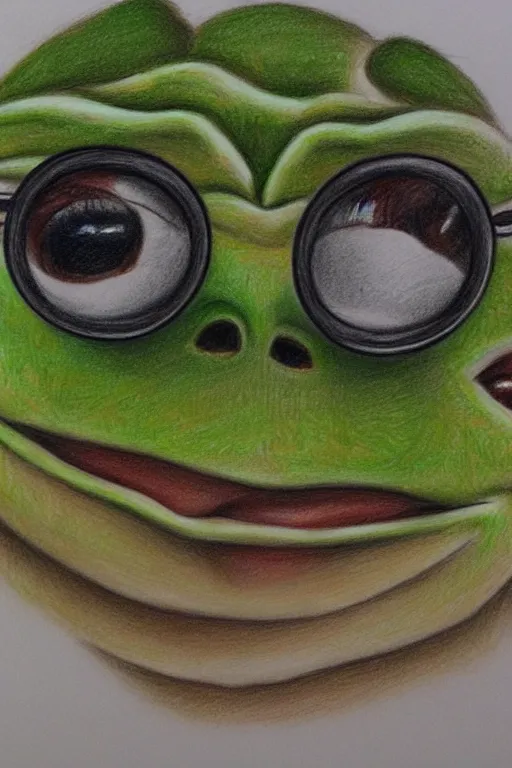 Image similar to portrait drawing of pepe the frog, ultra detailed highly realistic, trending on artstation, rule of thirds, extreme high detail, soft lighting, rim light, volumetric lighting and effects,