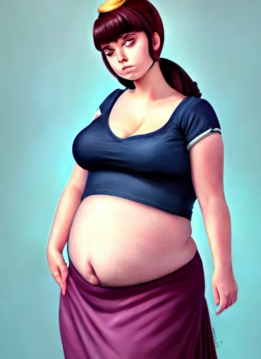 Image similar to full body portrait of teenage betty cooper, obese, bangs, ponytail, sultry, realistic, sultry smirk, ponytail hairstyle, fluffy bangs, curly bangs, skirt, fat, belly, intricate, elegant, highly detailed, digital painting, artstation, concept art, smooth, sharp focus, illustration, art by wlop, mars ravelo and greg rutkowski