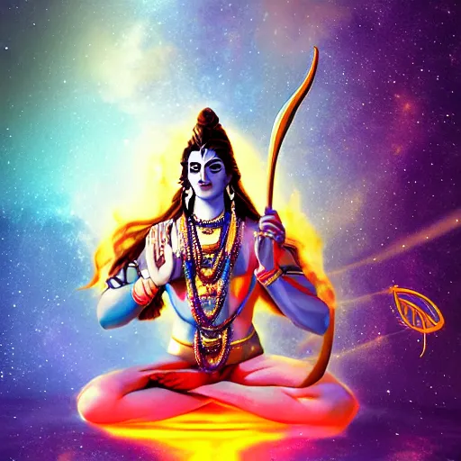 Image similar to Lord Shiva holding trident in the space , glowing effect, universe, concept art trending on artstation , realistic,