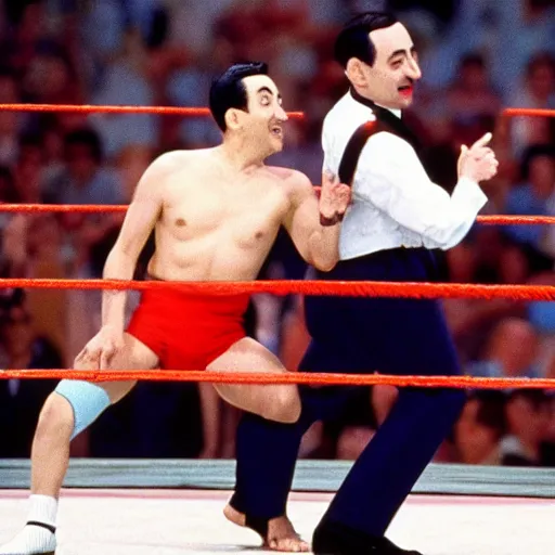 Prompt: Pee Wee Herman fights Mr Bean in WWE, 1990