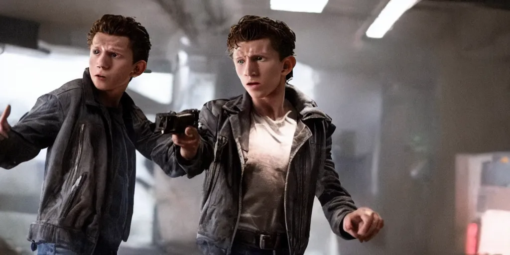 Prompt: a film still of Tom Holland in terminator, high quality