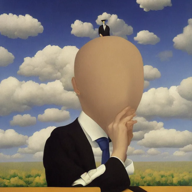 Image similar to portrait of a faceless beautiful flower - head man in a suit, clouds in the background, by rene magritte, detailed painting, distance, middle centered, hd, hq, high resolution, high detail, 4 k, 8 k